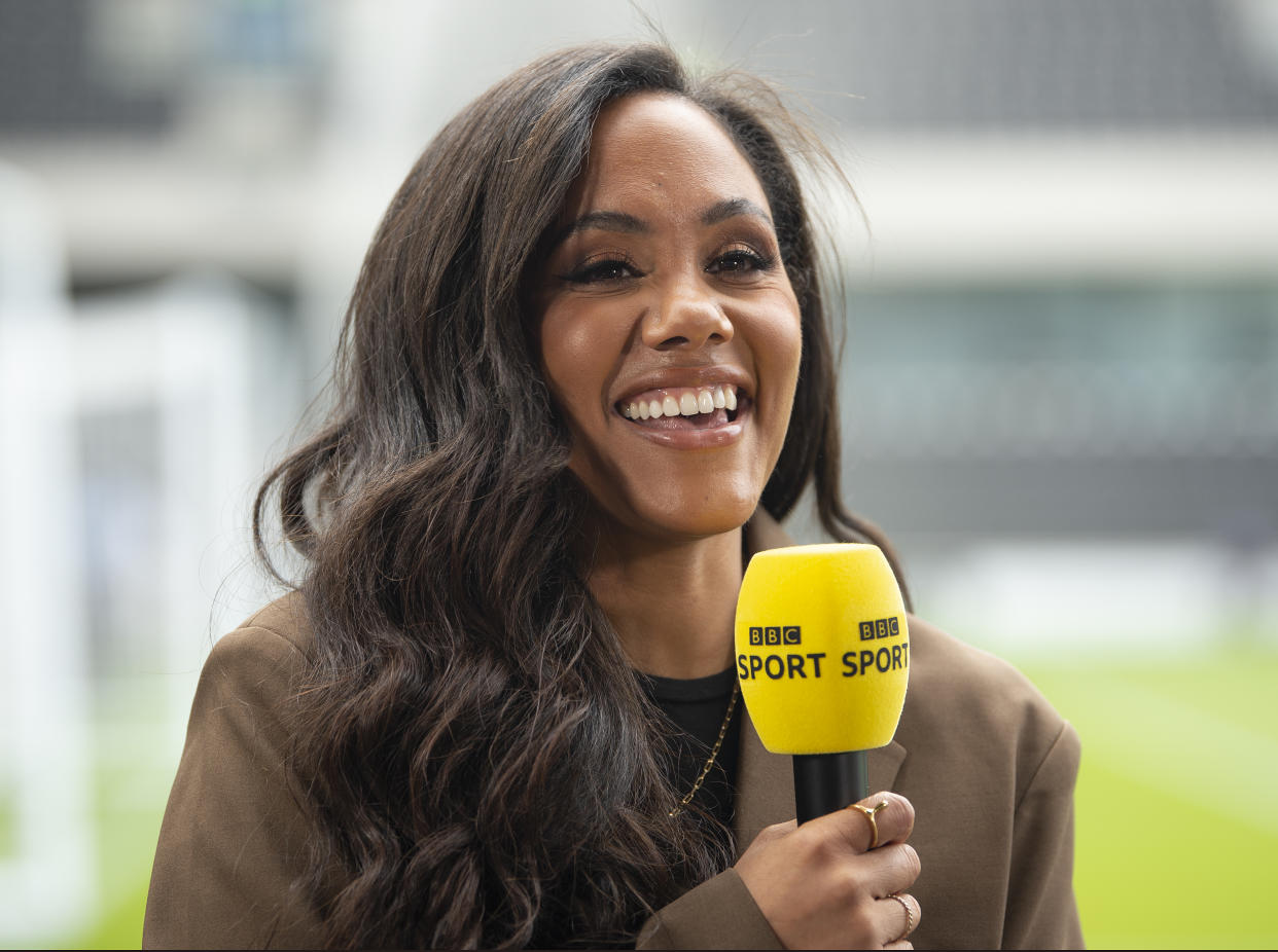 BBC Football Focus presenter Alex Scott is seen prior to the Premier League match between Fulham FC and AFC Bournemouth at Craven Cottage on October 15, 2022 in London, England. (Photo by Visionhaus/Getty Images)
