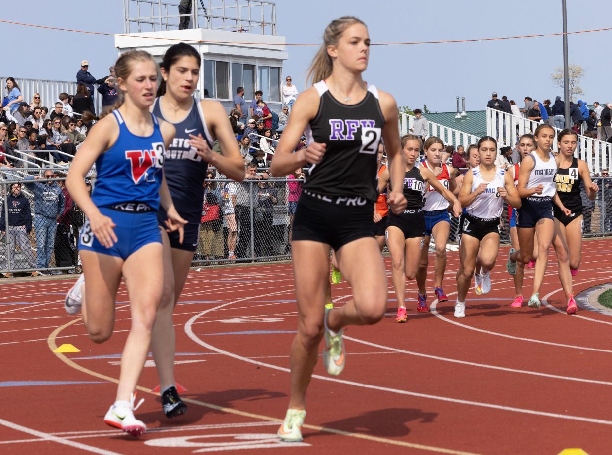 Clemmi Lilley of Rumson-Fair Haven on the Girls 800  on Day Two of the Shore Conference Track Championships in Neptune NJ on May 23, 2023. 