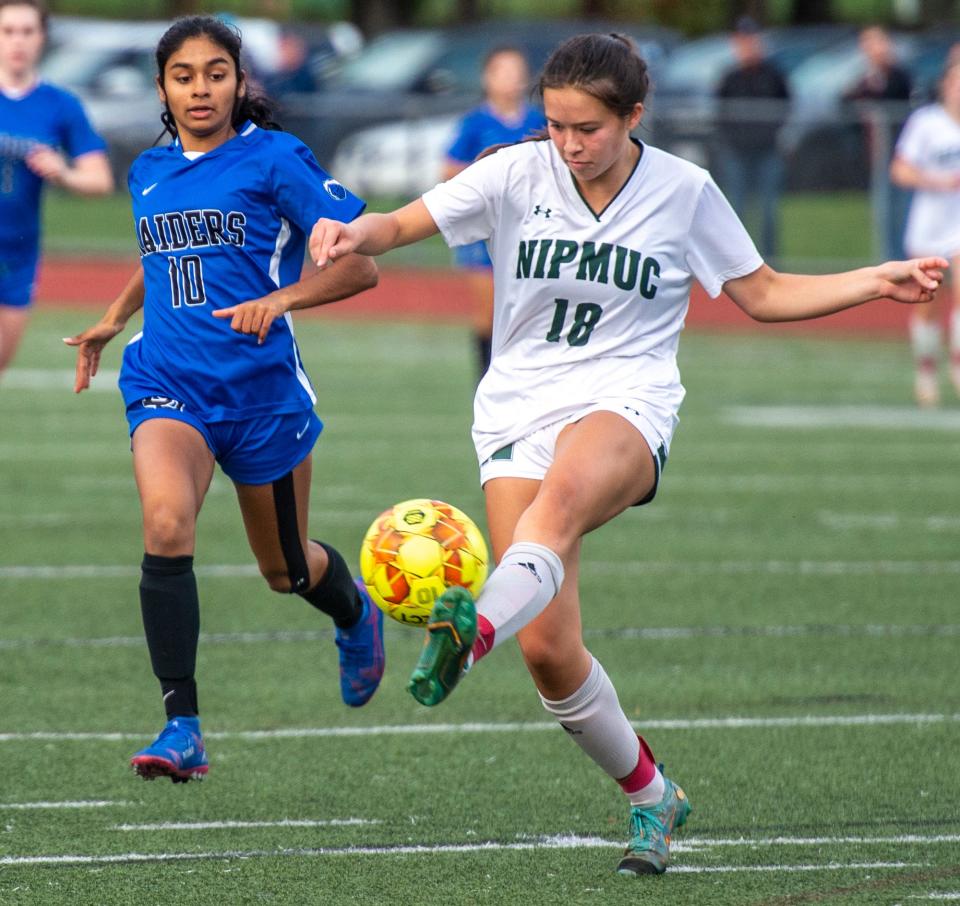 Nipmuc Regional High School's Lyla Hill against Dover-Sherborn sophomore Raina Patel, Oct. 17, 2023.