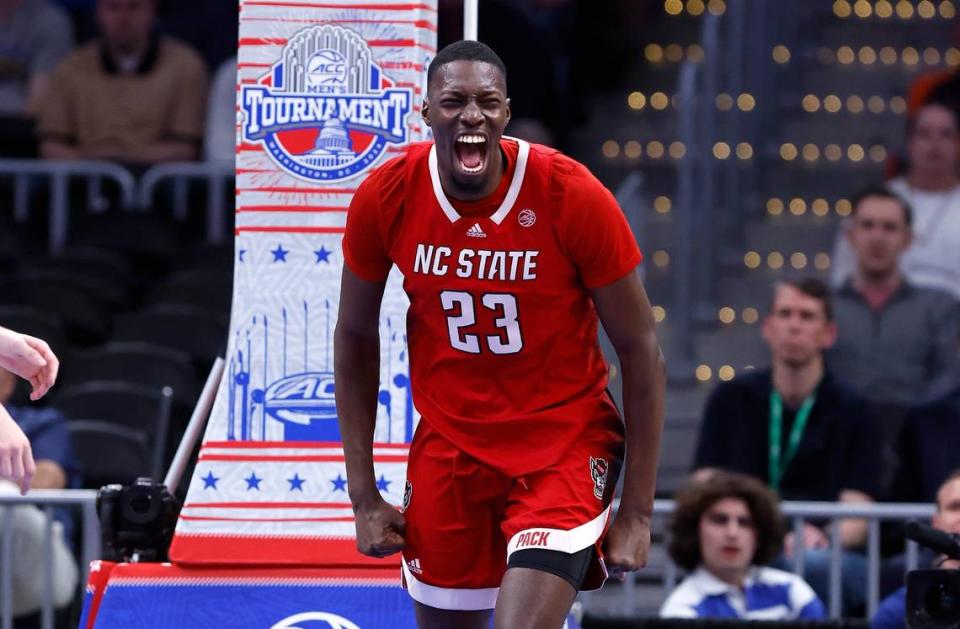 N.C. State’s Mohamed Diarra (23) celebrates after slamming in two during the first half of N.C. State’s game against Duke in the quarterfinal round of the 2024 ACC Men’s Basketball Tournament at Capital One Arena in Washington, D.C., Thursday, March 14, 2024. Ethan Hyman/ehyman@newsobserver.com