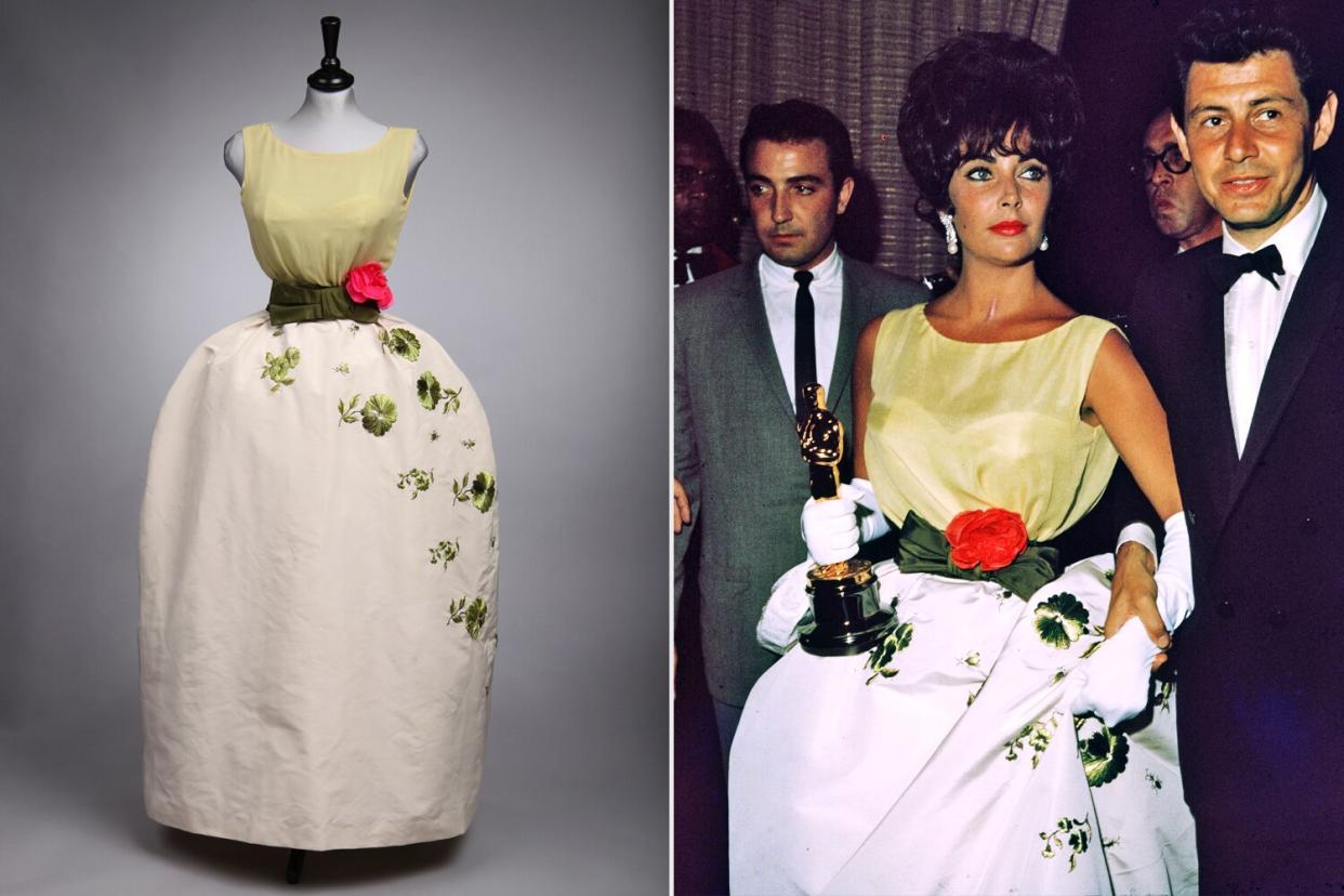 Elizabeth Taylor's Christian Dior couture Soirée à Rio 'Oscar' dress, Spring-Summer 1961, by Marc Bohan, 'Slim Line' collection; Elizabeth Taylor's Christian Dior couture Soirée à Rio 'Oscar' dress, Spring-Summer 1961, by Marc Bohan, 'Slim Line' collection Auction: Passion for Fashion & Ballet, 6th Dec, 2022 Courtesy Kerry Taylor Auctions; Elizabeth Taylor, holding the Oscar she won for best actress in director Daniel Mann's film, 'Butterfield 8,' with husband, American singer/actor Eddie Fisher, at the Academy Awards, Santa Monica, California. (Photo by Darlene Hammond/Hulton Archive/Getty Images)