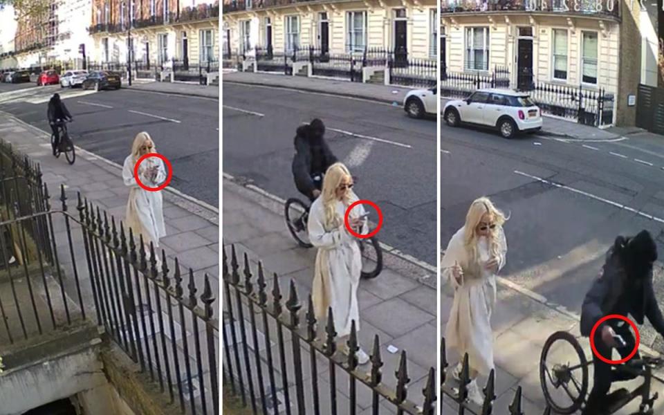 Gone in a matter of seconds: an American tourist is targeted by a mugger who snatches her phone in Marylebone (ES Composite)