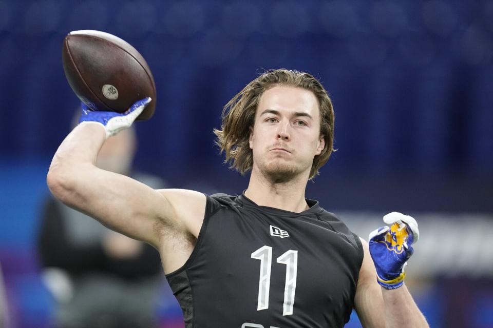 Pittsburgh quarterback Kenny Pickett throws during a drill Thursday.