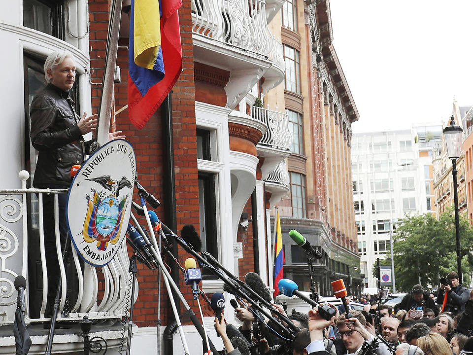 Crunchtime: Mr Assange, addressing the media in May, is set to meet with Government officials: Getty