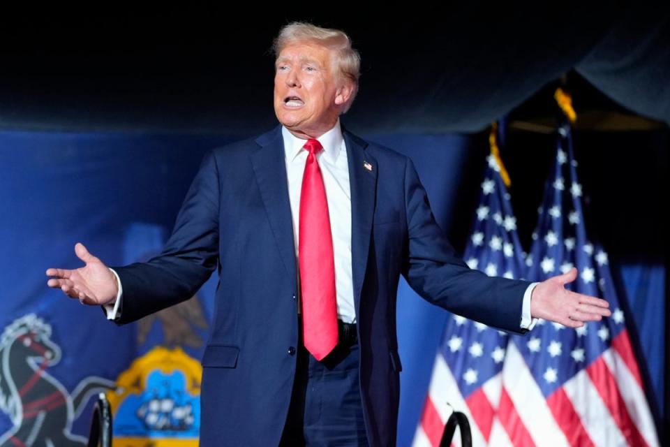 Donald Trump gestures to the crowd as he arrives to speak at a campaign rally in Harrisburg, Pennsylvania. Republicans are worried he is having a “public nervous breakdown.” (AP)