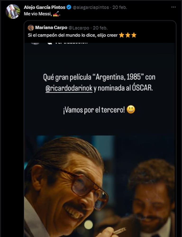 La reacción de Alejo García Pintos ante el mensaje de Lionel Messi (Foto: Twitter @alejogarciapintos)