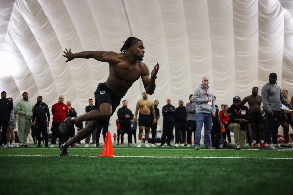 Former Rutgers cornerback Max Melton goes through drills at Rutgers' Pro Day on Thursday, March 28, 2024.