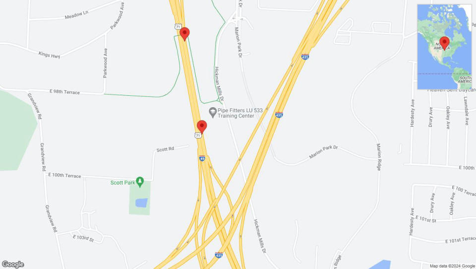 A detailed map that shows the affected road due to 'Broken down vehicle on northbound I-40/US-71 in Kansas City' on July 26th at 5:41 p.m.