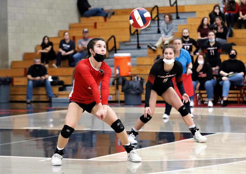 Foothill's Mia Rossman, left, passes the ball as teammate Karlie Russell looks on during the championship match against Pleasant Valley on Saturday, Nov. 6, 2021. No. 2 seed PV beat No. 1 Foothill for the Northern Section Division II title.