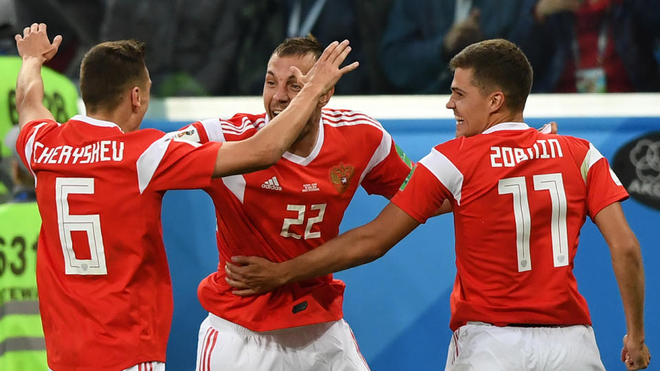 Russia celebrate their 3-1 win against Egypt. Pic: Getty