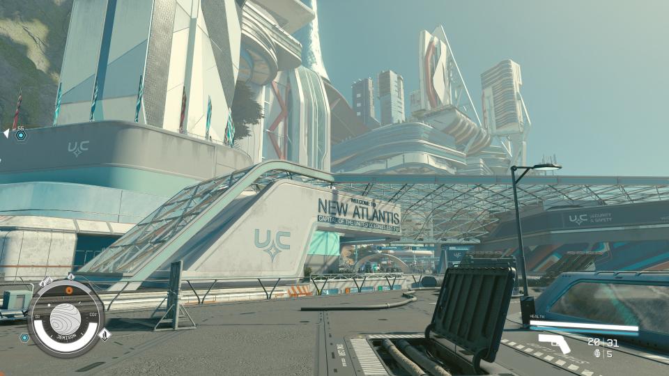 A shot of Starfield's New Atlantis docking area.