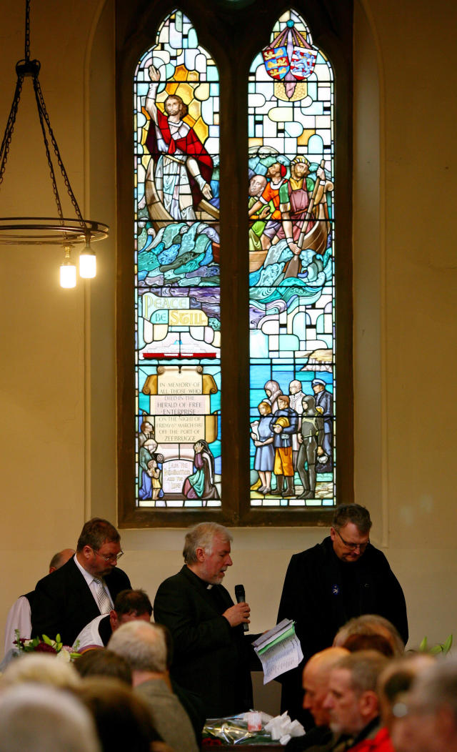 The names of the 193 people who died in the Zeebrugge ferry disaster are read out in front of the memorial stained glass window during the 25th Anniversary Service of Remembrance commemorating those who were lost in the disaster on the 6th March 1987 at St Mary&#39;s the Virgin Church, Dover, Kent.   (Photo by Gareth Fuller/PA Images via Getty Images)
