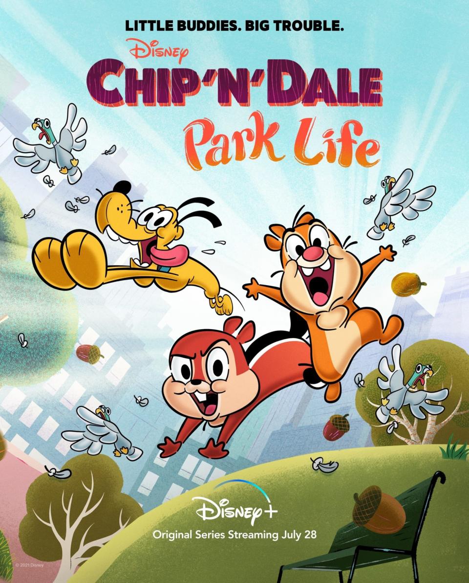 The full poster for Chip 'n' Dale: Park Life shows the two chipmunks and Pluto the dog jumping toward the camera, with upset pigeons caught in their wake. In the background, we see the park's trees, bench, and surrounding cityscape. The tagline reads "Little Buddies. Big Trouble."