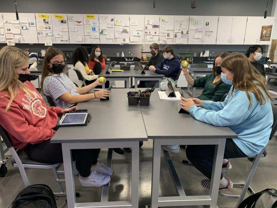 Upper Arlington High School students (from left, front to back) Cate Gillie, Ala Stanek, Amalia Cardoso and Sophie Port and (right, front to back) Sarah Snider, Caroline Beegle, Tim Webster and Grayson Campbell work on projects in an advanced-placement biology class. The district expects more students to have access to AP and International Baccalaureate programs in 2022, after eliminating fees for the classes.