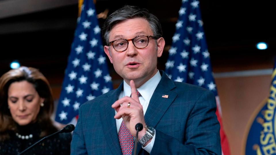 PHOTO: Speaker of the House Mike Johnson, R-La., speaks during a news conference on Capitol Hill, April 10, 2024, in Washington. (Jose Luis Magana/AP)