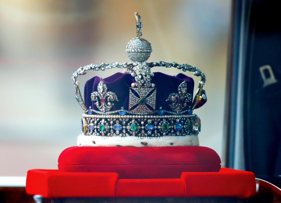 A close-up of the Imperial State Crown as it is driven down The Mall, to the Houses of Parliament for the State Opening of Parliament in 2021. (Getty Images)