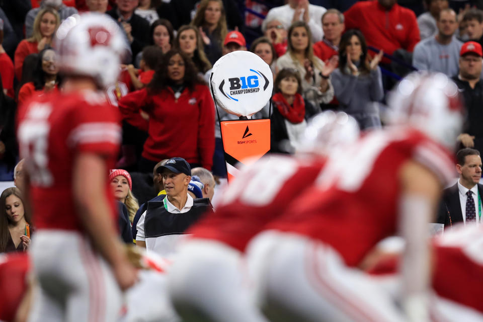 Dec. 7, 2019; Indianapolis, Indiana; A view of the Big Ten logo on a sideline marker as the Wisconsin Badgers offense takes the field against the Ohio State Buckeyes defense during the first half in the 2019 Big Ten Championship game at Lucas Oil Stadium. Aaron Doster-USA TODAY Sports