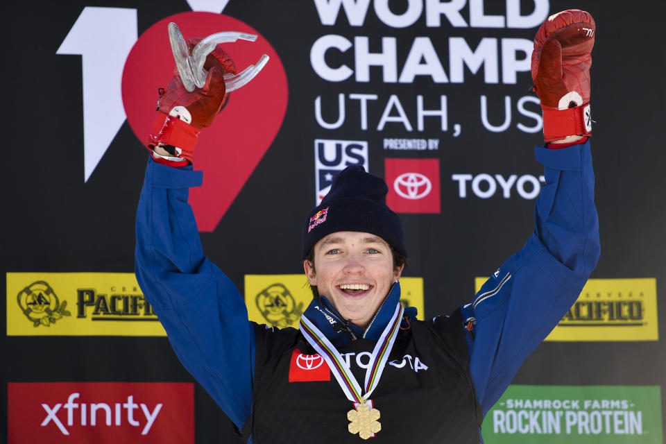 Gold medalist Scotty James, of Australia, celebrates after winning the men's snowboard halfpipe final at the freestyle ski and snowboard world championships, Friday, Feb. 8, 2019, in Park City, Utah. (AP Photo/Alex Goodlett)