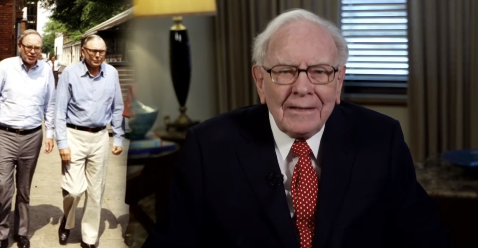 Warren Buffett, alături de o fotografie a lui Buffett și Charlie Munger din 1982. (captură de ecran/Berkshire Hathaway)