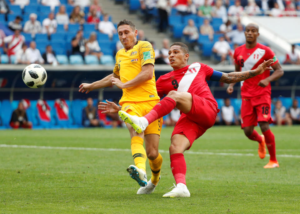 <p>Peru icon Paolo Guerrero puts Peru 2-0 up, with Australia knowing they had to win to have any chance of finishing second in Group C </p>