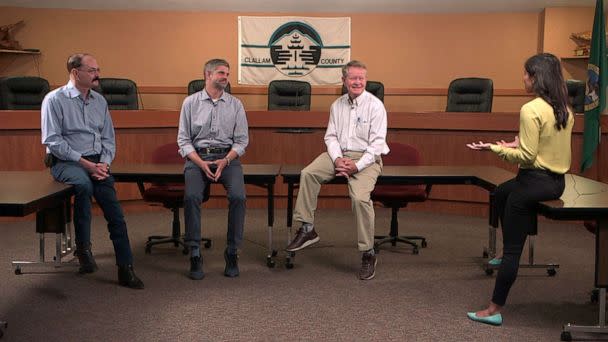 PHOTO: Clallam County, Washington commissioners, Bill Peach, Mark Ozias and Randy Johnson speak with ABC News' Zohreen Shah about this year's election. (ABC News)