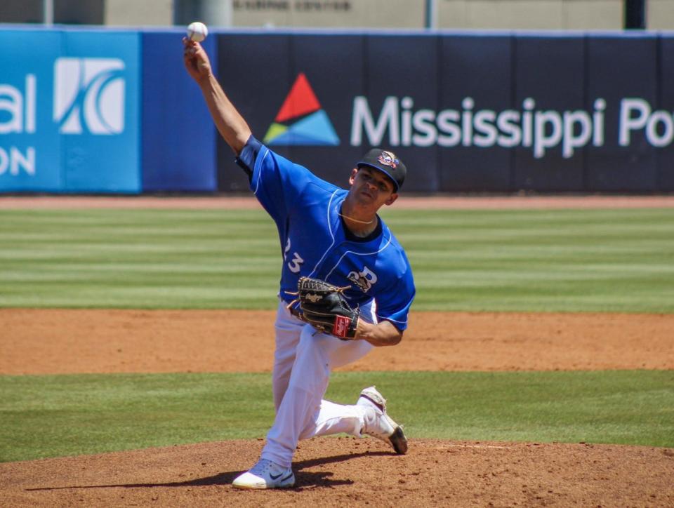 Milwaukee Brewers pitching prospect Tobias Myers throws a pitch in a game in 2023 with Class AA Biloxi.
