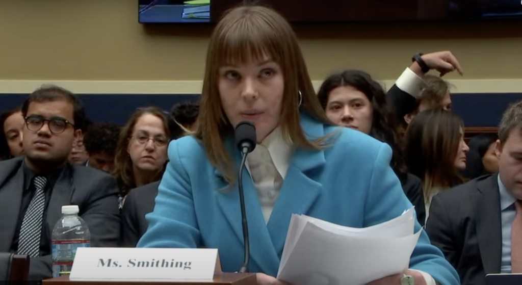 Ava Smithing, director of advocacy for the Young People’s Alliance, testifies before a U.S. House Committee on Energy and Commerce subpanel on April 17, 2024, on several data privacy bills being considered in Congress.