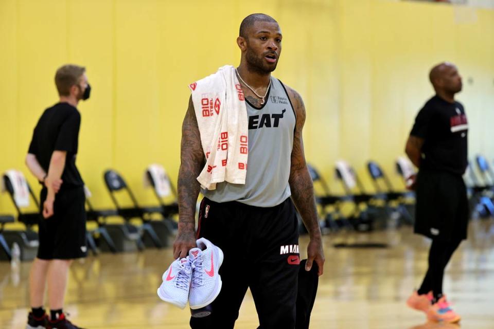 Miami Heat forward P.J. Tucker walks off the basketball court after practice during training camp in preparation for the 2021-22 NBA season at FTX Arena on Tuesday, September 28, 2021.
