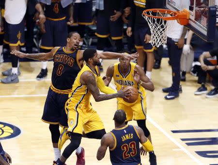 Apr 20, 2017; Indianapolis, IN, USA; Indiana Pacers forward Paul George (13) takes a shot against Cleveland Cavaliers forward Channing Frye (8) in game three of the first round of the 2017 NBA Playoffs at Bankers Life Fieldhouse. Cleveland defeats Indiana 119-114. Mandatory Credit: Brian Spurlock-USA TODAY Sports