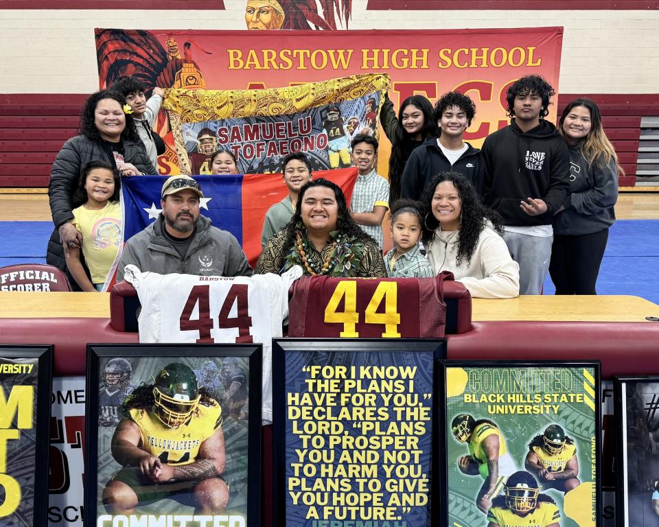 Barstow's Samuelu Tofaeono recently signed a National Letter of Intent to continue playing football at Black Hills State University.