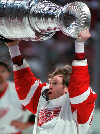 Vladimir Konstantinov celebrates after helping the Detroit Red Wings win the 1997 Stanley Cup. (AP file)