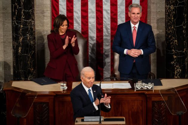 President Joe Biden speaks as Vice President Kamala Harris and House Speaker Kevin McCarthy (R-Calif.) listen during a State of the Union address at the U.S. Capitol, Feb. 7, 2023, in Washington, D.C.