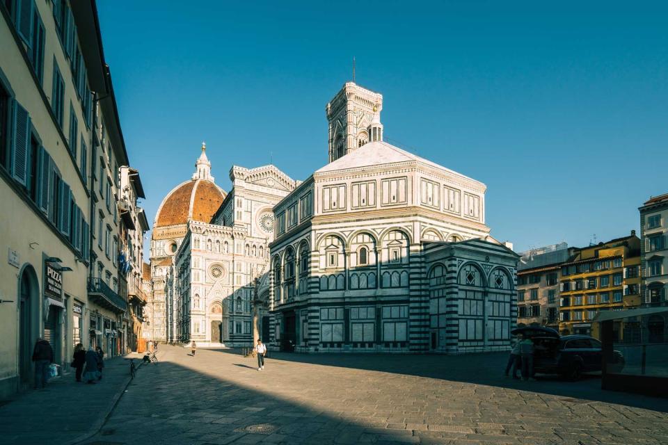 View of an empty Santa Maria del Fiore square in Florence, Italy