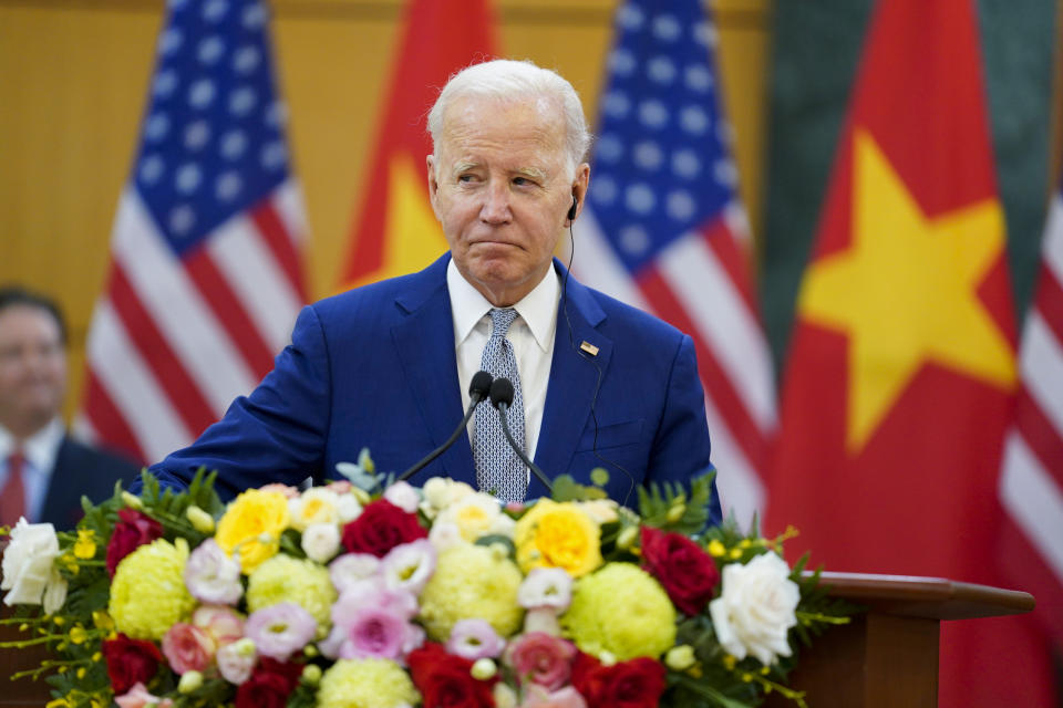 U.S. President Joe Biden and Vietnam's General Secretary Nguyen Phu Trong, unseen, deliver remarks at the Communist Party of Vietnam Headquarters, in Hanoi, Vietnam, Sunday, Sept. 10, 2023. (AP Photo/Evan Vucci)