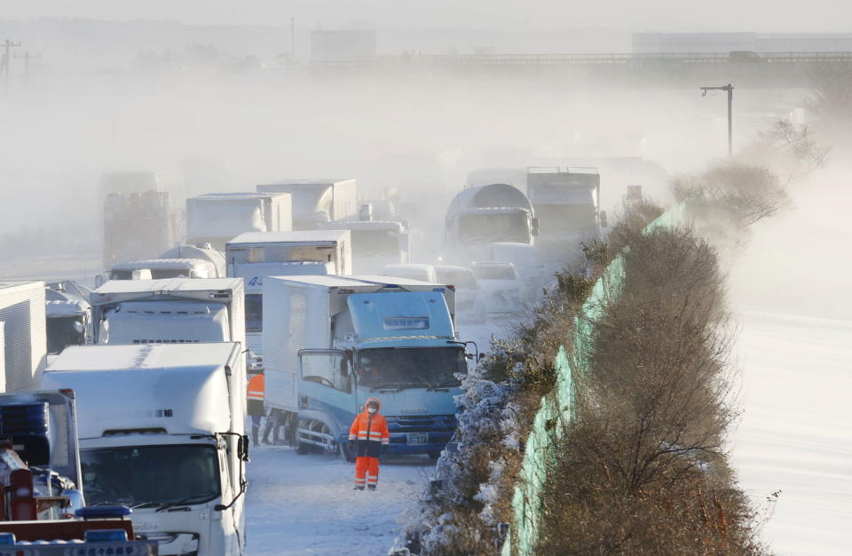 General view shows the site where cars were involved in a series of crashes when a snow storm struck a stretch of highway on the Tohoku Expressway in Osaki, Miyagi prefecture, northern Japan January 19, 2021. Kyodo via REUTERS ATTENTION EDITORS - THIS IMAGE WAS PROVIDED BY A THIRD PARTY. MANDATORY CREDIT. JAPAN OUT. NO COMMERCIAL OR EDITORIAL SALES IN JAPAN.