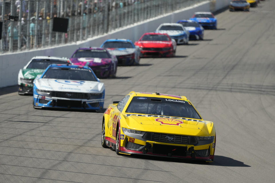 Joey Logano (22) drives during a NASCAR Cup Series auto race at World Wide Technology Raceway Sunday, June 2, 2024, in Madison, Ill. (AP Photo/Jeff Roberson)