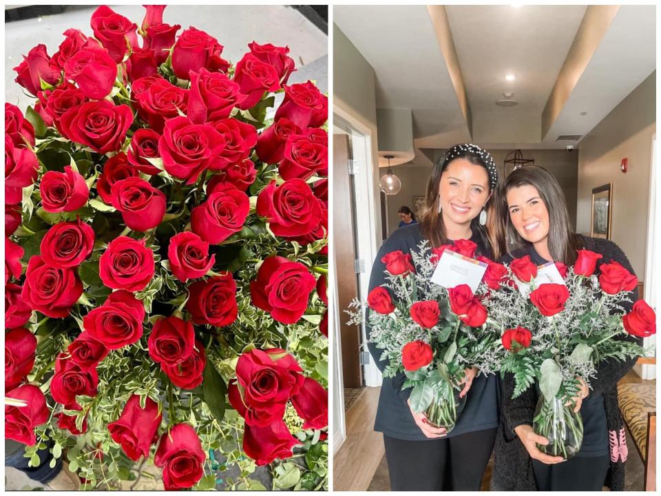 Roses sent by Jay-Z to Arcadia Senior Living; Paige Oakes and Maitlin Nuckols smile and hold roses.