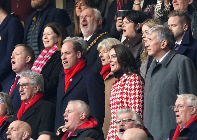 The Prince of Wales and the Princess of Wales sing the Welsh national anthem (Joe Giddens/PA)