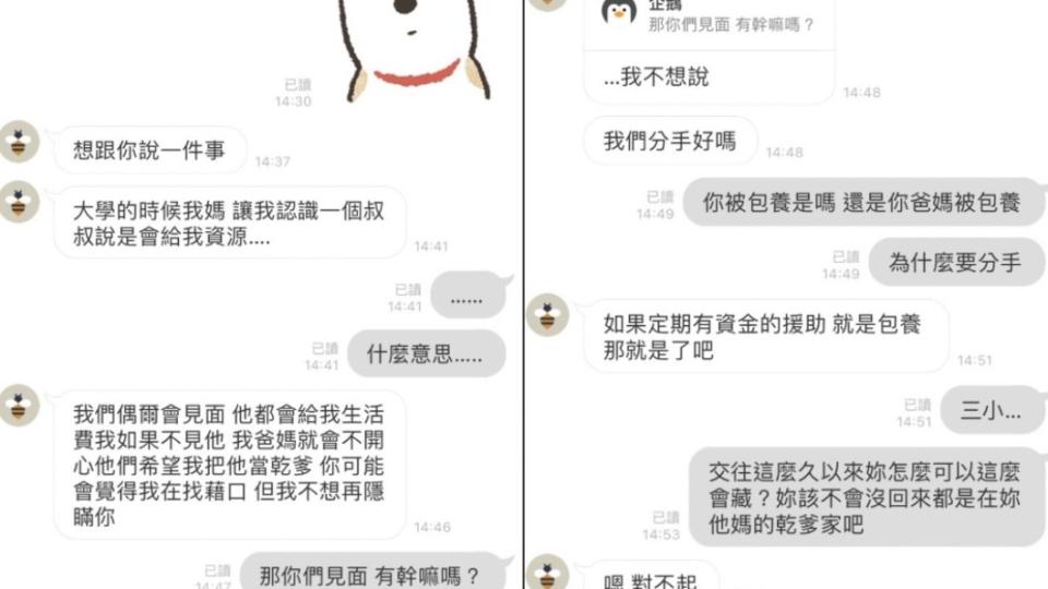 原PO貼出與前女友的匿名對話。（圖／翻攝自Dcard）