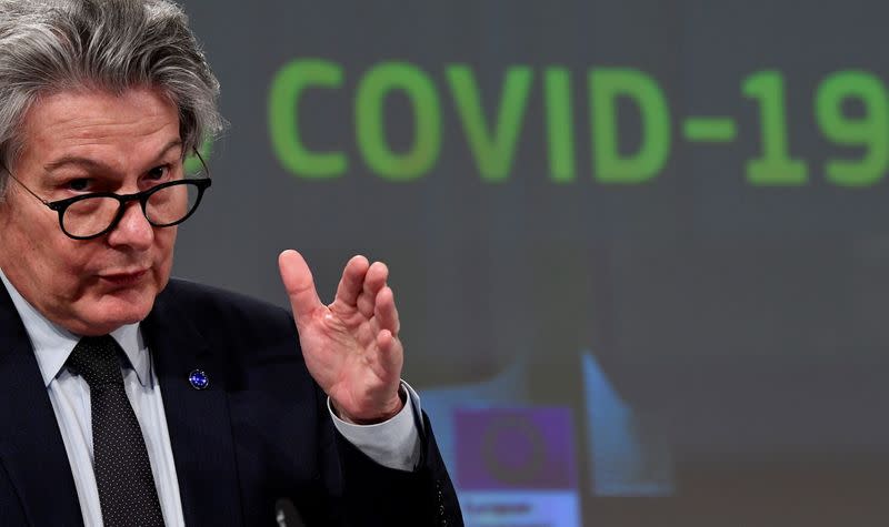 FILE PHOTO: Thierry Breton, the EU commissioner for internal market and consumer protection, industry, research and energy, addresses a news conference in Brussels