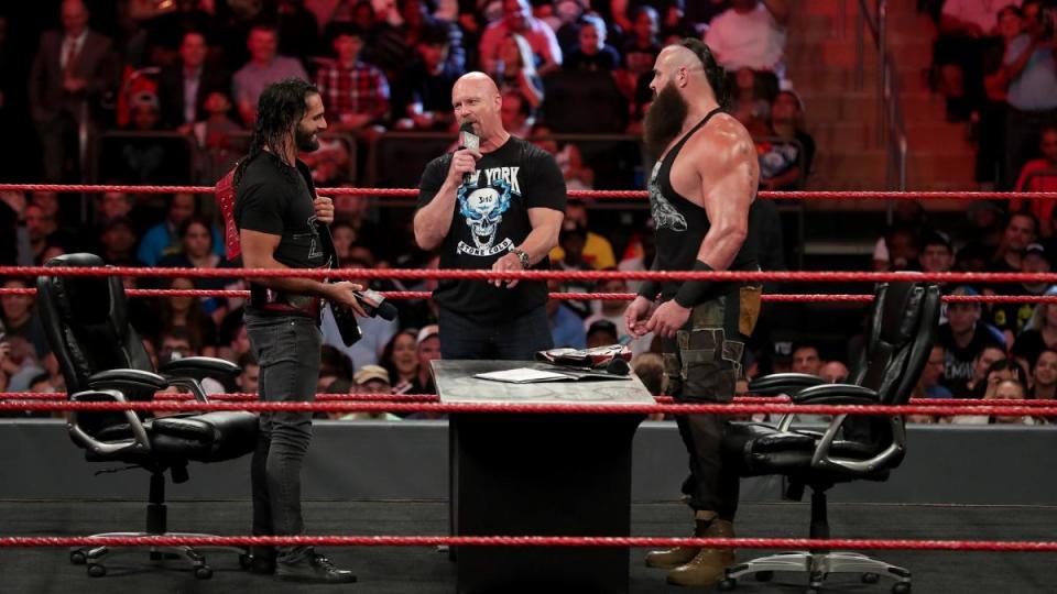 "Stone Cold" Steve Austin is seen on an episode of "Monday Night Raw" alongside Seth Rollins and Braun Strowman at Madison Square Garden. (Photo courtesy of WWE)