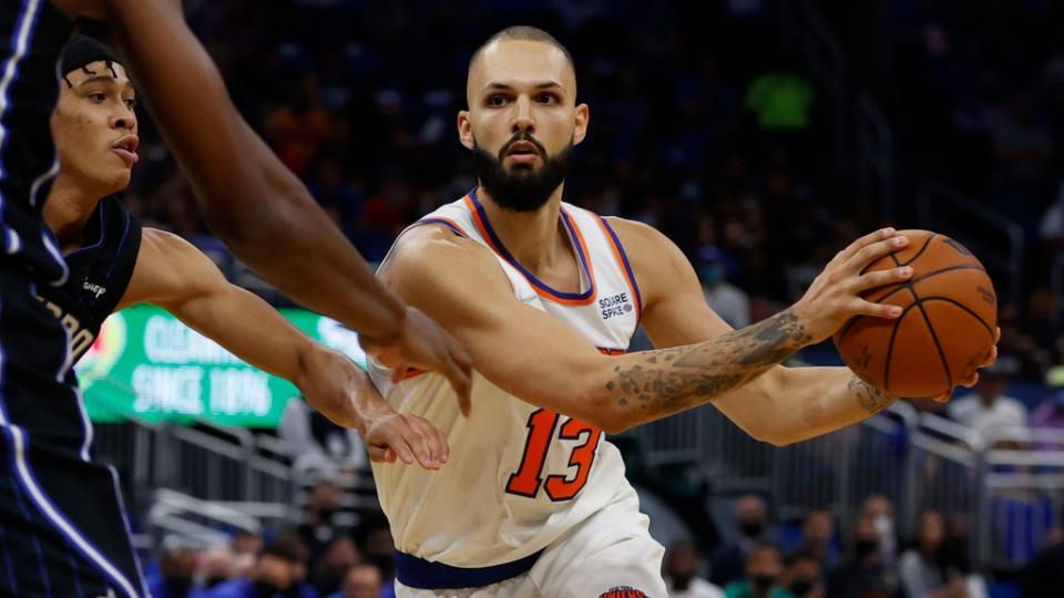 Oct 22, 2021; Orlando, Florida, USA;New York Knicks guard Evan Fournier (13) drives to the basket against the Orlando Magic during the second quarter at Amway Center.