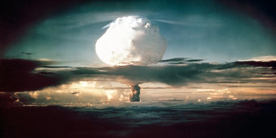 The mushroom cloud from Ivy Mike rises above the Pacific Ocean over Enewetak Atoll in the Marshall Islands, during the world's first test of a full scale thermonuclear device, on November 1, 1952.