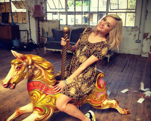 Celebrity photos: Fearne Cotton is one stylish, arty lady and she proved it this week by purchasing a merry-go-round horse to display in her home. She tweeted this pic of her sitting on the horse, along with the caption: “Loretta the horse.”