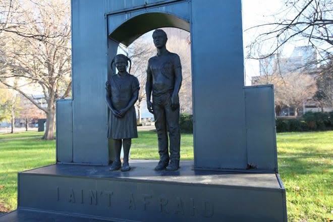 A statue in Kelly Ingram Park depicts young people who took part in the 1963 Children's Crusade in Birmingham, Alabama.