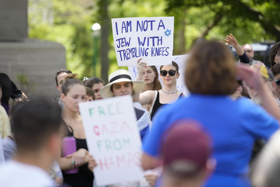 Protesters listen during a pro-Israel rally at Indiana University in Bloomington, Ind., Thursday, May 2, 2024. (AP Photo/AJ Mast)