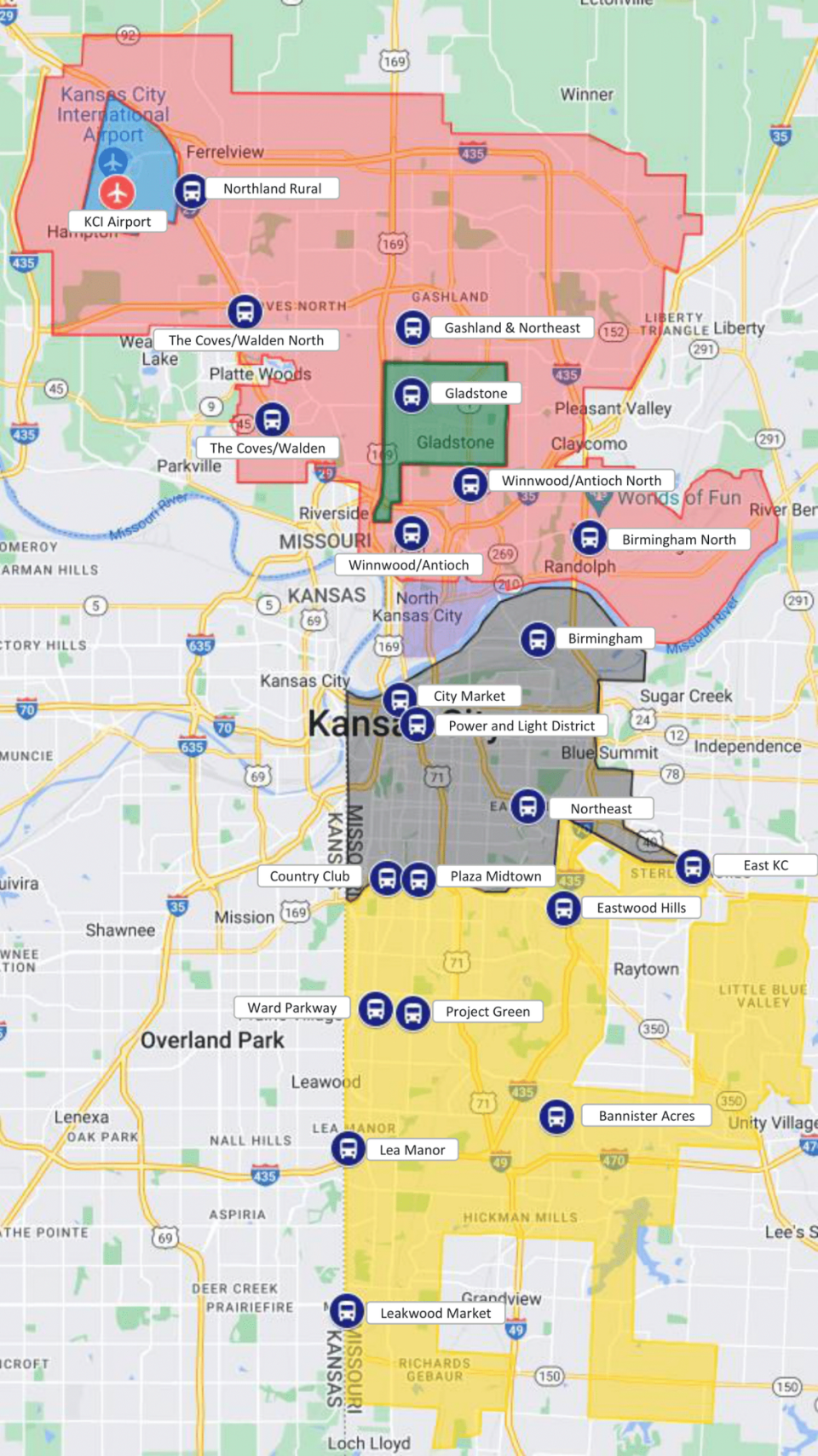 The coverage map for IRIS, Kansas City’s newest rideshare service. It recently expanded coverage to Kansas City and Gladstone after starting in the Northland