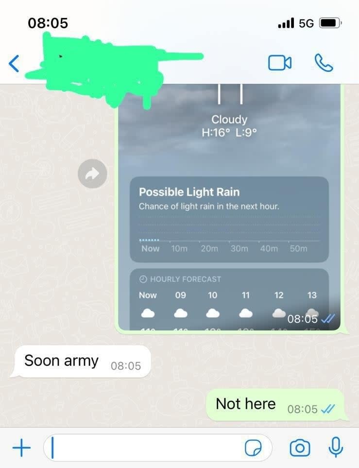 Screenshot of a messaging app with a rain forecast shared, and a text message that reads "Soon army" followed by a reply "Not here."
