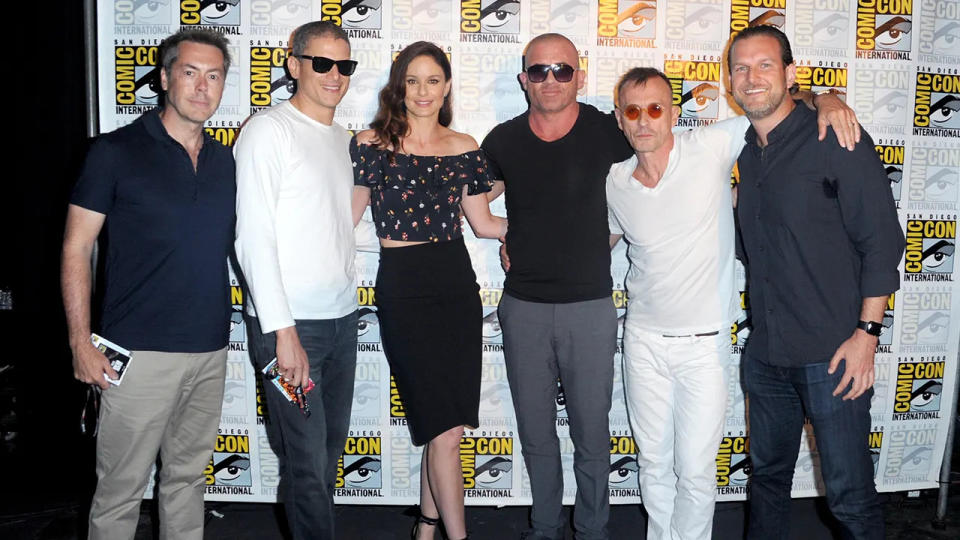 Producer Vaun Wilmott and Michael Horowitz sandwich the cast of "Prison Break": actors Wentworth Miller, Sarah Wayne Callies, Dominic Purcell and Robert Knepper at Comic-Con