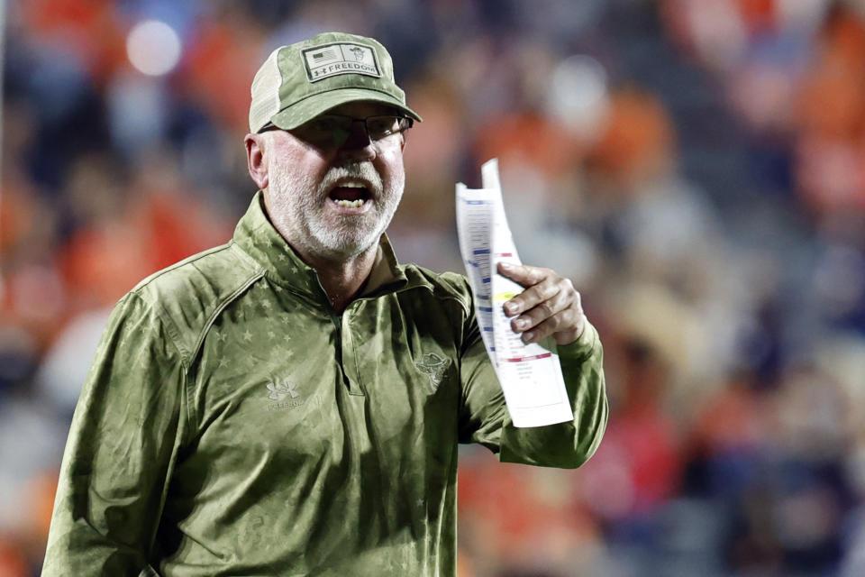 New Mexico State head coach Jerry Kill reacts to a call during the second half of an NCAA college football game against Auburn Saturday, Nov. 18, 2023, in Auburn, Ala. (AP Photo/Butch Dill)